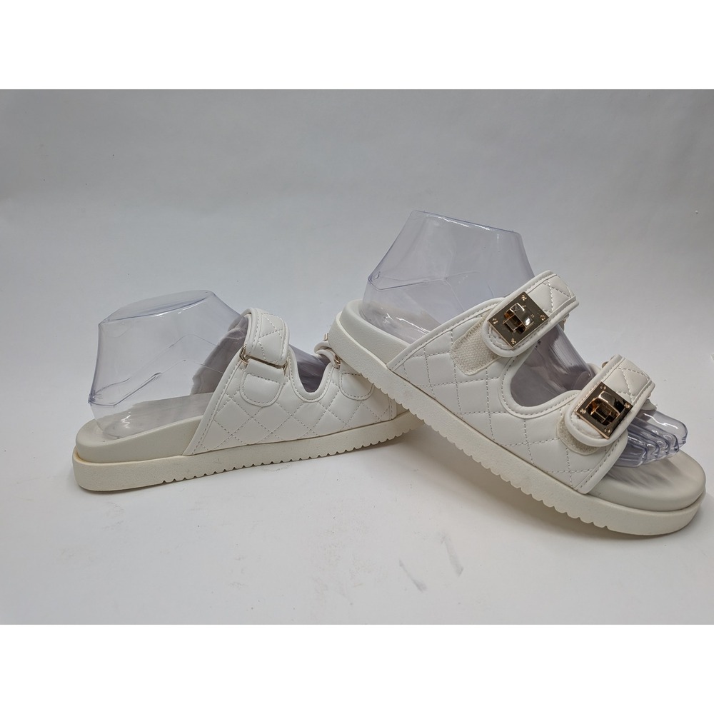 Fitory Womens Quilted Double Strap Slide Sandals White Gold Turn Lock Size 7 NEW